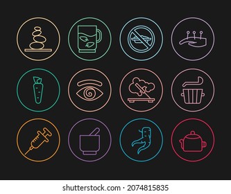 Set line Kettle with handle, Sauna bucket ladle, Food no diet, Hypnosis, Carrot, Stack hot stones, Scented spa stick and Cup of tea leaf icon. Vector