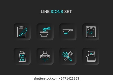 Set line Kettle with handle, Spatula, Kitchen extractor fan, Grater, Oven, Frying pan on fire, Asian noodles bowl and Cutting board knife icon. Vector