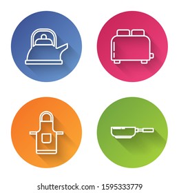 Set line Kettle with handle , Toaster with toasts , Kitchen apron  and Frying pan . Color circle button. Vector