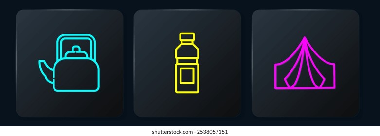 Set line Kettle with handle, Tourist tent and Bottle of water. Black square button. Vector