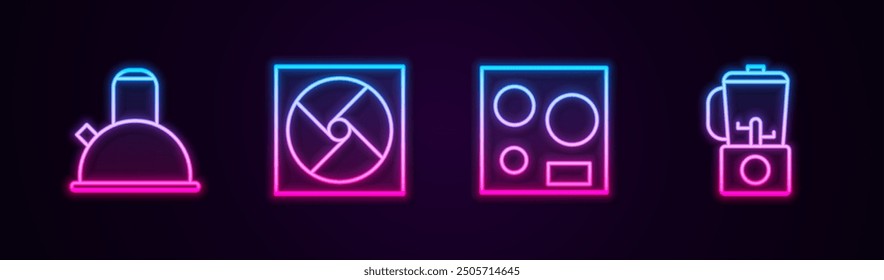Set-Linie Wasserkocher mit Griff, Belüftung, Elektroherd und Mixer. Leuchtendes Neonsymbol. Vektorgrafik