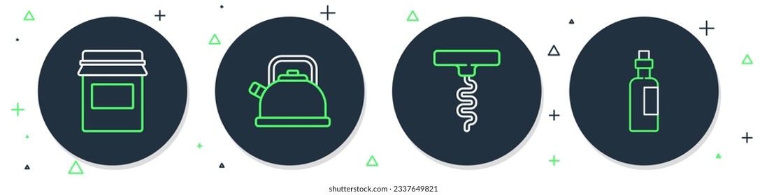 Set line Kettle with handle, Wine corkscrew, Jam jar and Bottle of olive oil icon. Vector