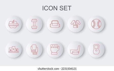 Set line Kettlebell, Award over sports winner podium, Sport bag, Ice hockey stick and puck, Apple measuring tape, Dumbbell, Boxing glove and MMA icon. Vector