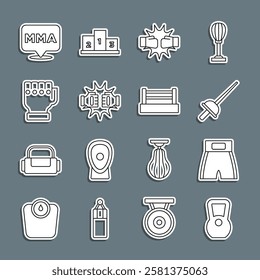 Set line Kettlebell, Boxing short, Fencing, Punch boxing gloves, MMA, Fight club and ring icon. Vector