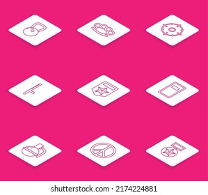 Set line Kettlebell, Brass knuckles, Target sport for shooting competition, Police rubber baton, Chevron, assault shield, Hand grenade and Peace icon. Vector