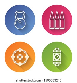 Set line Kettlebell , Bullet , Target sport for shooting competition  and Detonate dynamite bomb stick and timer clock. Color circle button. Vector