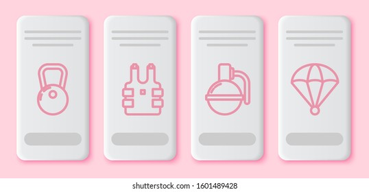 Set line Kettlebell , Bulletproof vest for protection from bullets , Hand grenade  and Parachute . White rectangle button. Vector