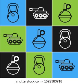 Set line Kettlebell , Hand grenade  and Military tank  icon. Vector