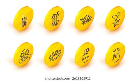 Set line Kettlebell, Hand grenade, Brass knuckles, Gas mask, Military reward medal, tank, Detonate dynamite bomb stick and Walkie talkie icon. Vector