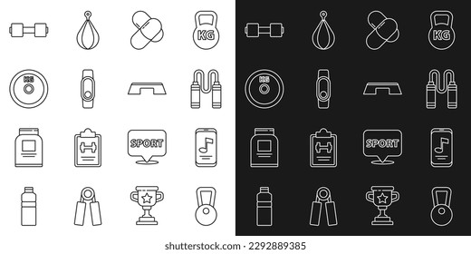 Fijar línea Kettlebell, reproductor de música, cuerda de salto, nutrición deportiva, Smartwatch, placa de peso, timbre y icono de plataforma Step. Vector