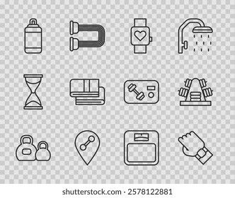 Set line Kettlebell, Smart watch on hand, Location gym, Punching bag, Towel stack, Bathroom scales and Metal rack with weights icon. Vector