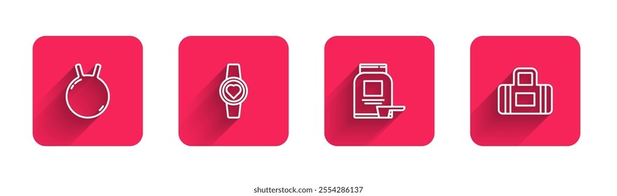 Set line Kettlebell, Smartwatch, Sports nutrition and bag with long shadow. Red square button. Vector