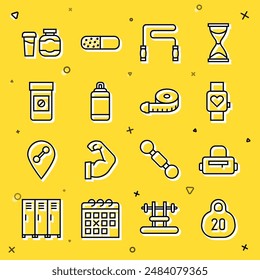 Set line Kettlebell, Sport bag, Smart watch, Jump rope, Punching, Anabolic drugs, Sports nutrition and Tape measure icon. Vector