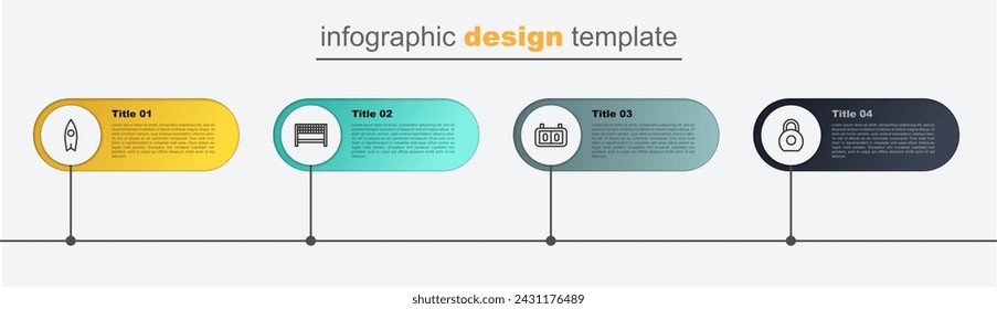 Set line Kettlebell, Sport mechanical scoreboard, Ribbon in finishing line and Surfboard. Business infographic template. Vector
