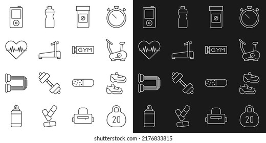 Set line Kettlebell, Sport sneakers, Stationary bicycle, Anabolic drugs, Treadmill machine, Heart rate, Music player and Location gym icon. Vector