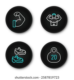 Set line Kettlebell, Sport sneakers, Bodybuilder muscle and  icon. Vector