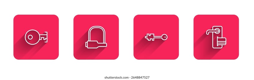 Set line Key, Bicycle lock, Old key and Digital door with long shadow. Red square button. Vector