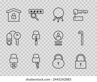 Set line Key broke inside of padlock, Lock, Bunch keys, picks for picking, House under protection,  and Crowbar icon. Vector