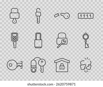 Set line Key, Broken or cracked lock, key, House with, Lock and, under protection and Old icon. Vector