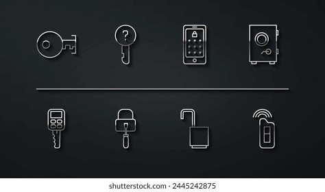 Set line Key, Car key with remote, Safe, Open padlock, Lock picks for picking, Undefined,  and Mobile and graphic password icon. Vector