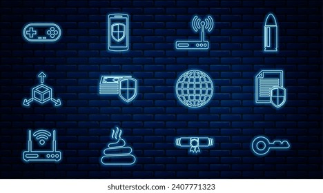 Set line Key, Document protection, Router and wi-fi, Money, Isometric cube, Gamepad, Earth globe and Smartphone with shield icon. Vector