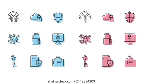 Set line Key, Dokumentenschutzkonzept, Fingerabdruck, Identifikationsabzeichen, Safe-Kombinationsschloss, Computerbildschirm sperren, Eye-Scan und Cloud-Computing-Symbol. Vektor