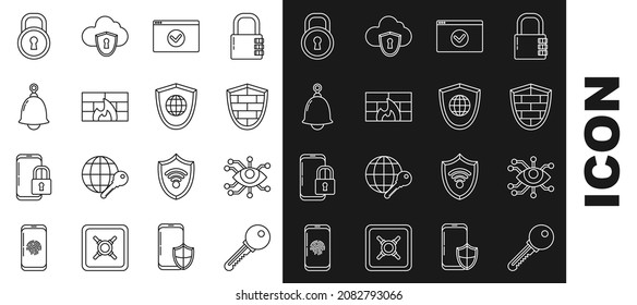Set line Key, Eye scan, Shield with cyber security brick wall, Secure your site HTTPS, SSL, Firewall,, Ringing bell, Lock and world globe icon. Vector