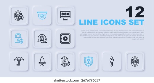 Establecer la línea de la llave, huella digital, cerradura, escudo de seguridad con cerradura, timbre de alarma, cámara de seguridad e icono. Vector