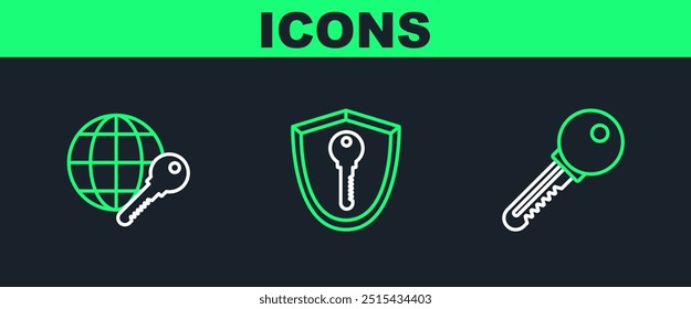 Set line Key, Globe key and Shield with icon. Vector