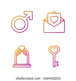Set line Key in heart shape, Wedding arch, Male gender symbol and Envelope with Valentine heart. Gradient color icons. Vector