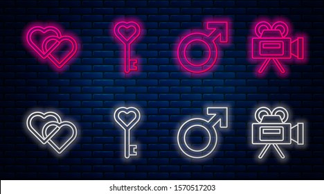 Set line Key in heart shape, Male gender symbol, Two Linked Hearts and Cinema camera. Glowing neon icon on brick wall. Vector
