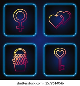 Set line Key in heart shape, Flowers in a basket, Female gender symbol and Two Linked Hearts. Gradient color icons. Vector