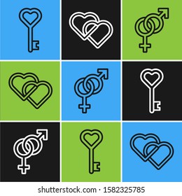Set line Key in heart shape, Gender and Two Linked Hearts icon. Vector