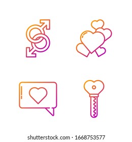 Set line Key in heart shape, Like and heart, Male gender symbol and Heart. Gradient color icons. Vector