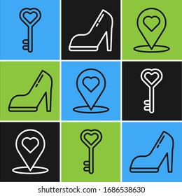 Set line Key in heart shape, Map pointer with heart and Woman shoe with high heel icon. Vector