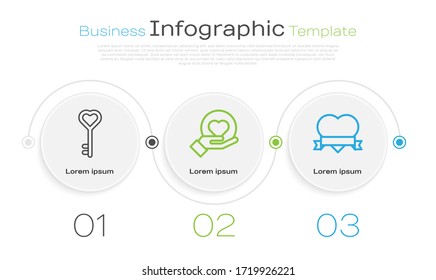 Set line Key in heart shape, Heart on hand and Heart and ribbon. Business infographic template. Vector