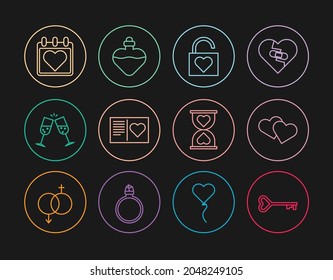 Set line Key in heart shape, Heart, Lock and, Valentines day flyer with, Glass of champagne, Calendar, the center hourglass and Bottle love potion icon. Vector
