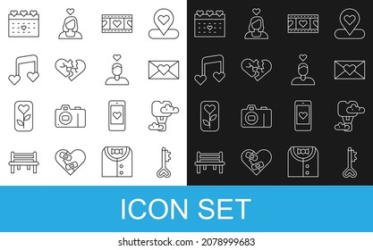 Set line Key in heart shape, Romantic hot air balloon, Envelope with Valentine, Play Video, Broken or divorce, Music note, tone hearts, Calendar and Couple love icon. Vector