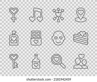 Set line Key in heart shape, Lover couple, Amour with and arrow, Bottle love potion, Female gender symbol, Chocolate bar, Search and Wedding cake icon. Vector