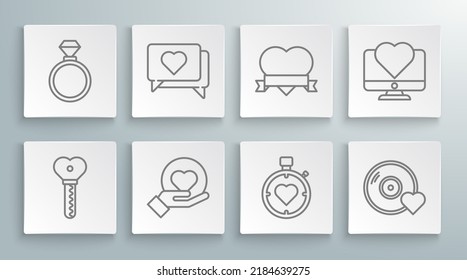 Set line Key in heart shape, Like and, Heart on hand, the center stopwatch, Romantic music, ribbon, Computer monitor with and Wedding rings icon. Vector