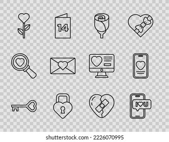 Set line Key in heart shape, Mobile with, Flower rose, Castle the of, Heart flower, Envelope Valentine, Healed broken and Online dating app and chat icon. Vector
