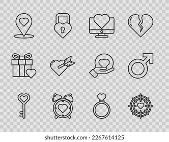 Fijar línea Clave en forma de corazón, Corre el centro del objetivo de dardos, Monitor de ordenador con, reloj despertador, Puntero de mapa, Amor y flecha, Anillos de boda y símbolo de género masculino. Vector
