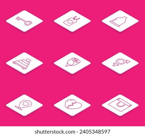 Fijar la línea Clave en forma de corazón, Etiqueta del corazón, Condón, Torta de boda con, Rosa de flor, Género, Ubicación e icono roto. Vector