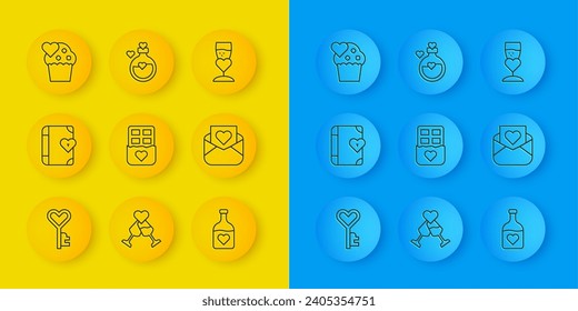 Set line Key in heart shape, Love diary, Chocolate bar, Bottle with love potion, Envelope Valentine, Wedding cake, Glass of champagne and  icon. Vector