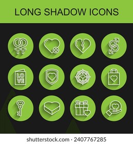 Set line Key in heart shape, Candy shaped box, Female gender symbol, Gift, Heart on hand, with shield, Shopping bag and the center of darts target aim icon. Vector
