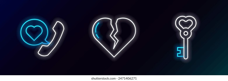 Set line Key in heart shape, Telephone with speech bubble and Broken or divorce icon. Glowing neon. Vector