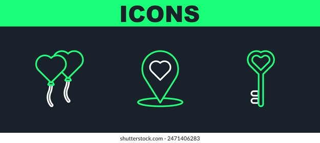 Set line Key in heart shape, Balloons form of and Map pointer with icon. Vector