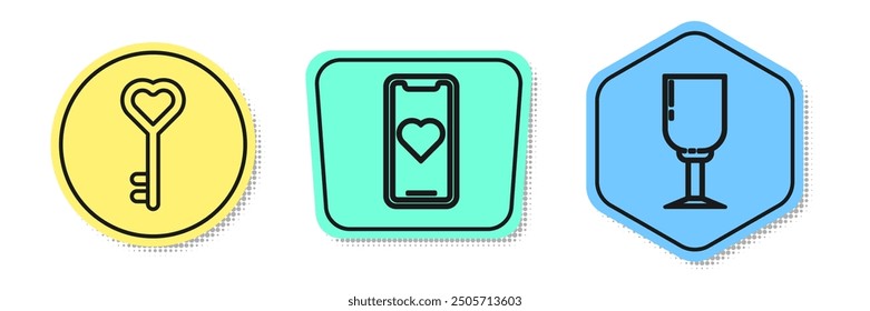 Set line Key in heart shape, Mobile phone with heart and Wine glass. Colored shapes. Vector