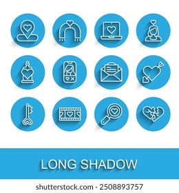 Set line Key in heart shape, Play Video with, Location, Search and love, Broken or divorce, Dating app online, Amour arrow and Greeting card icon. Vector