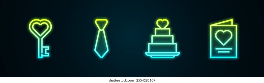 Set line Key in heart shape, Tie, Wedding cake with and Greeting card. Glowing neon icon. Vector